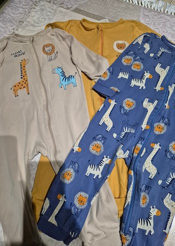 Erkek Bebek Baskılı Fermuarlı Tulum 3lü set