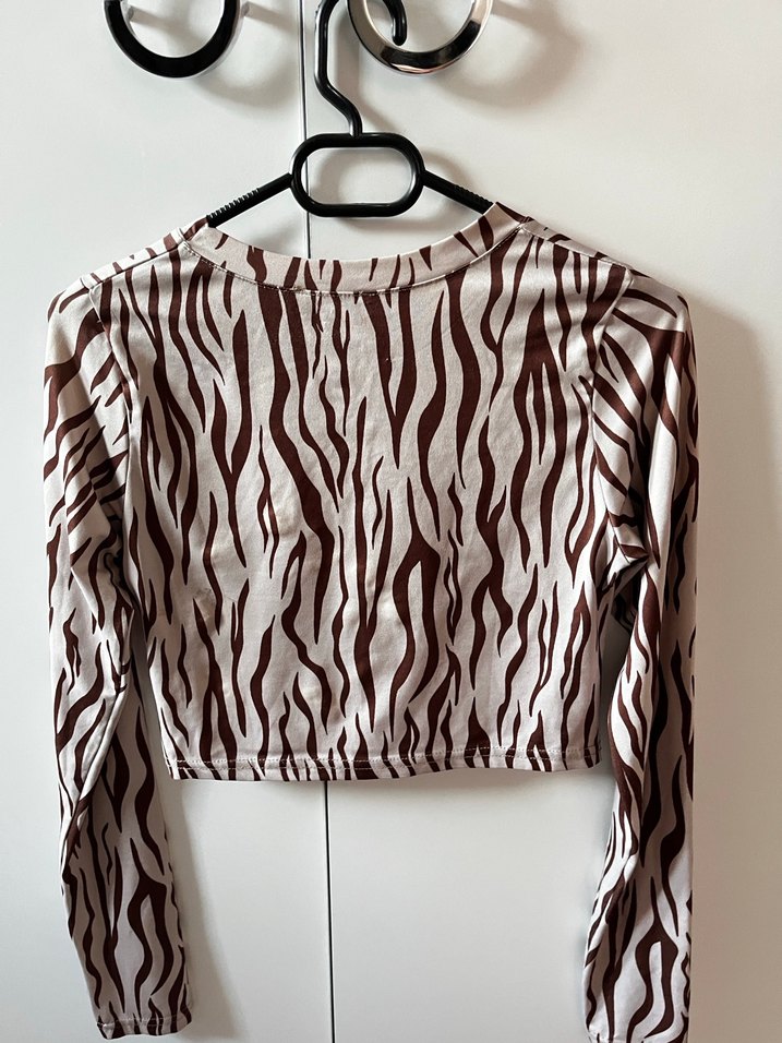 Zebra Desenli Uzun Kollu Crop Bluz - Görsel 3