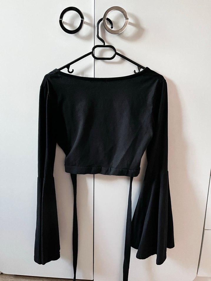 Siyah Mini V Yakalı Drapeli Kadın Bluz - Görsel 3