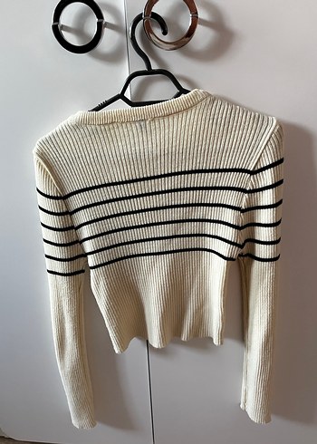 Kadın Beyaz Çizgili Triko Uzun Kollu Kazak - Görsel 3