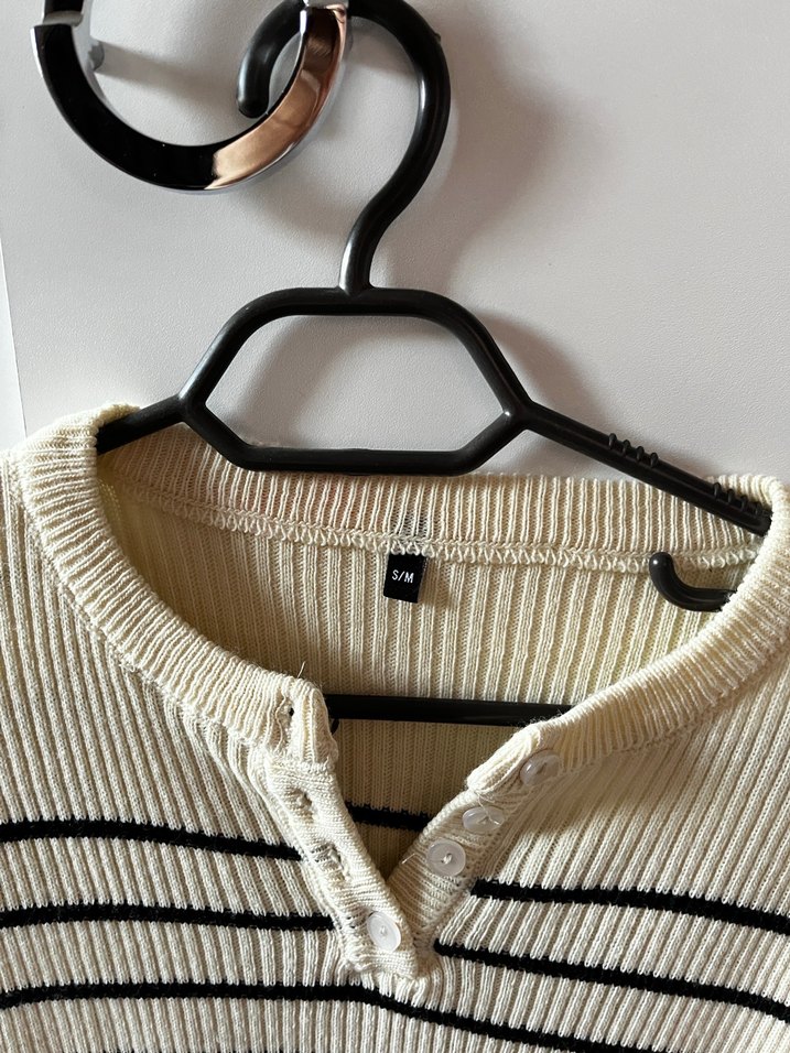 Kadın Beyaz Çizgili Triko Uzun Kollu Kazak - Görsel 2