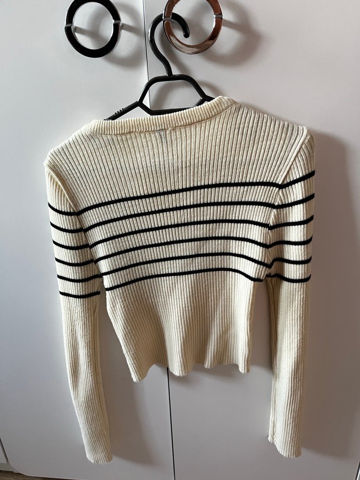 Kadın Beyaz Çizgili Triko Uzun Kollu Kazak - Görsel 3