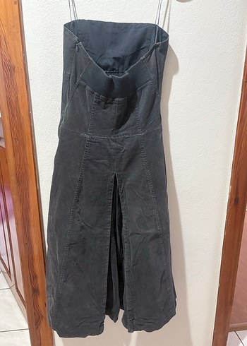 Antrasit kadife straplez Midi Elbise - Görsel 3