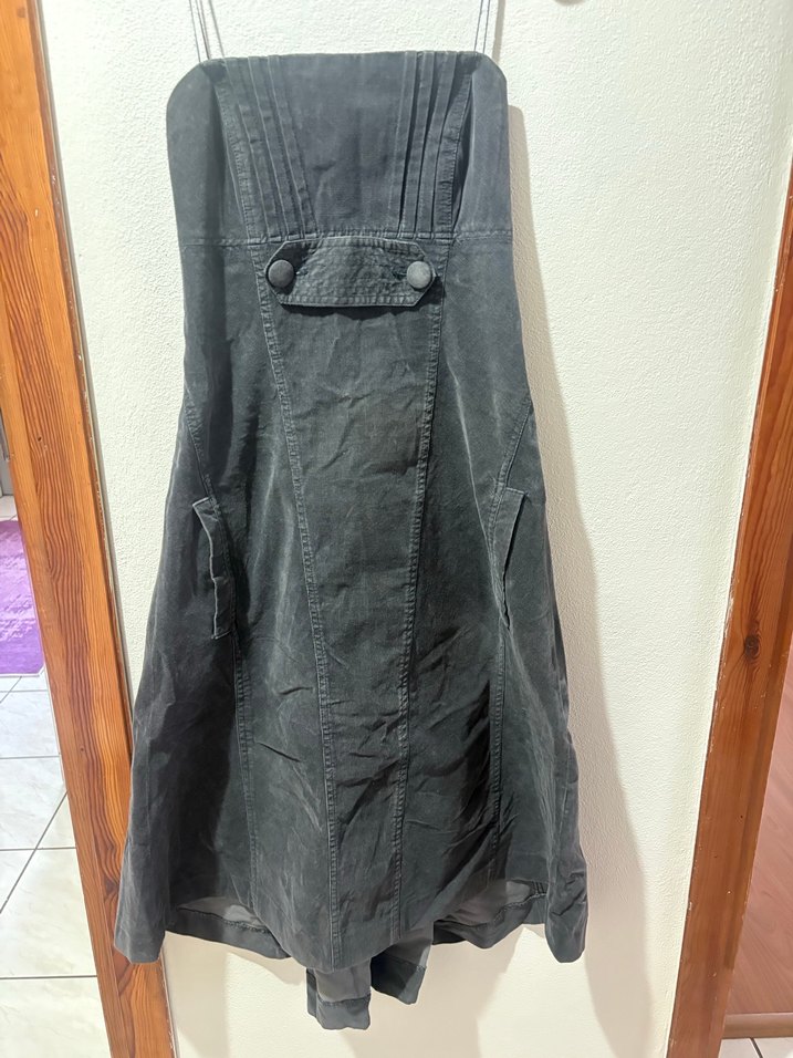 Antrasit kadife straplez Midi Elbise - Görsel 2