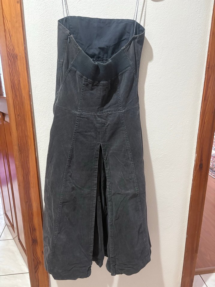 Antrasit kadife straplez Midi Elbise - Görsel 3