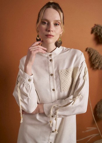 Uzun Kollu Beyaz Keten Bohem Gömlek - Görsel 2