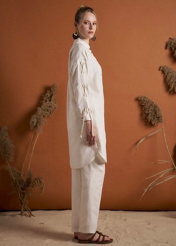 Uzun Kollu Beyaz Keten Bohem Gömlek - Görsel 5