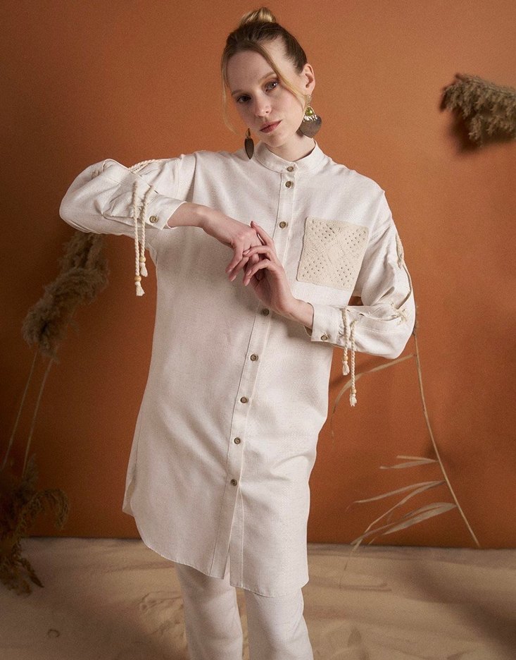 Uzun Kollu Beyaz Keten Bohem Gömlek - Görsel 4