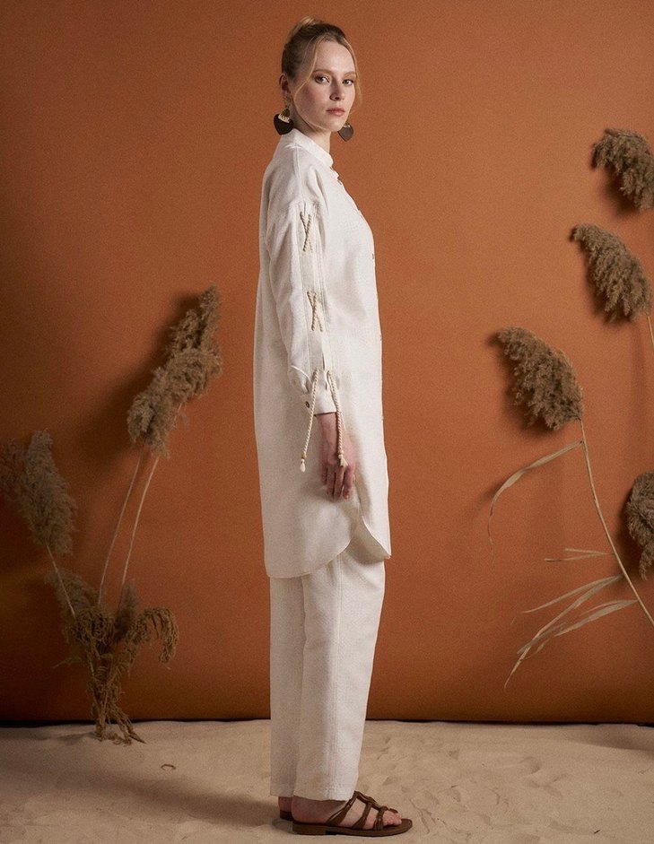 Uzun Kollu Beyaz Keten Bohem Gömlek - Görsel 5