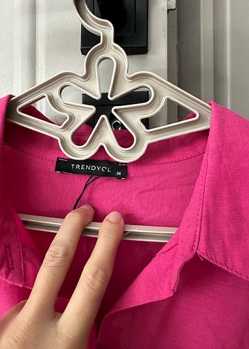 Düğmeli Pembe Keten Kadın Gömlek - Görsel 3