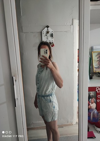 Beyaz Transparan Bağcıklı Denim Tulum