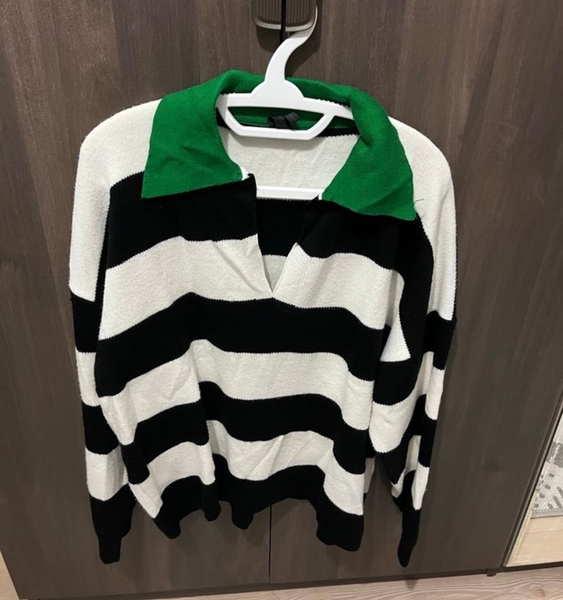 Yeşil Yaka Detaylı Çizgili Kadın Kazak - Görsel 3