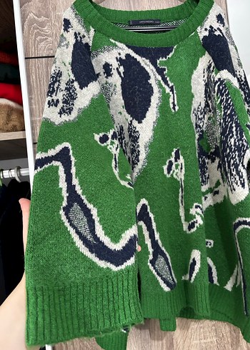 Yeşil Desenli Uzun Örgü Kadın Kazak - Görsel 3