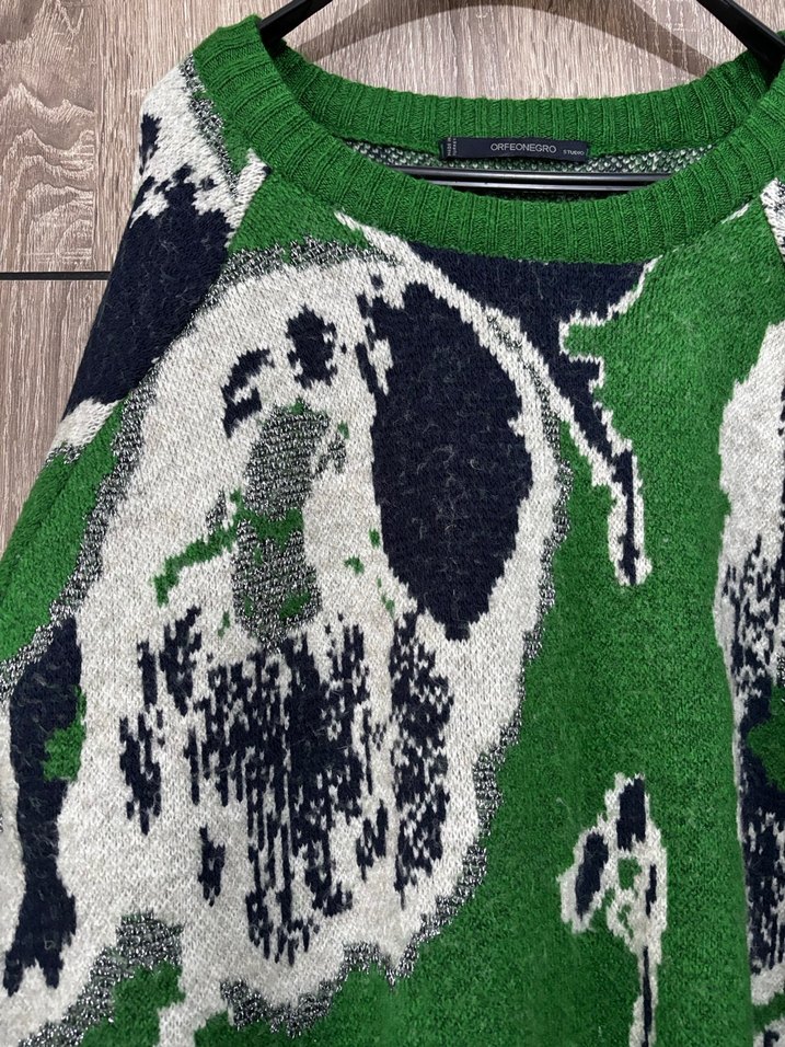 Yeşil Desenli Uzun Örgü Kadın Kazak - Görsel 2