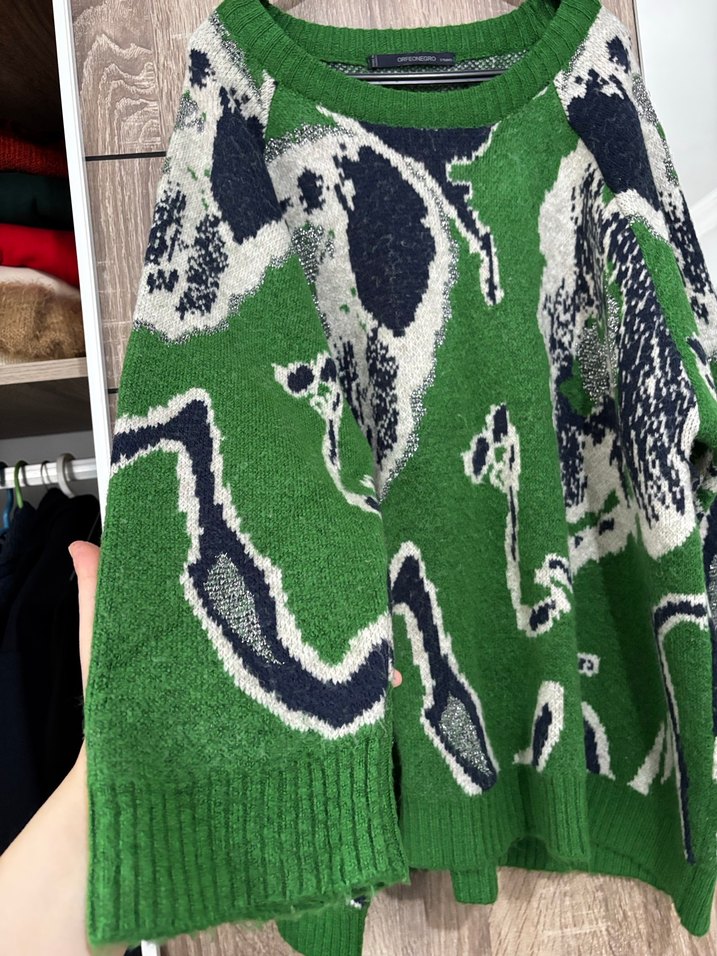 Yeşil Desenli Uzun Örgü Kadın Kazak - Görsel 3