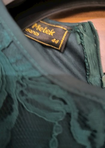 Uzun Kollu İşlemeli Yeşil Abiye Elbise - Görsel 5