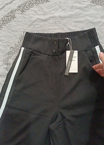 Beyaz Şeritli Siyah kiz çocuk Bol Kumaş Pantolon - Görsel 7