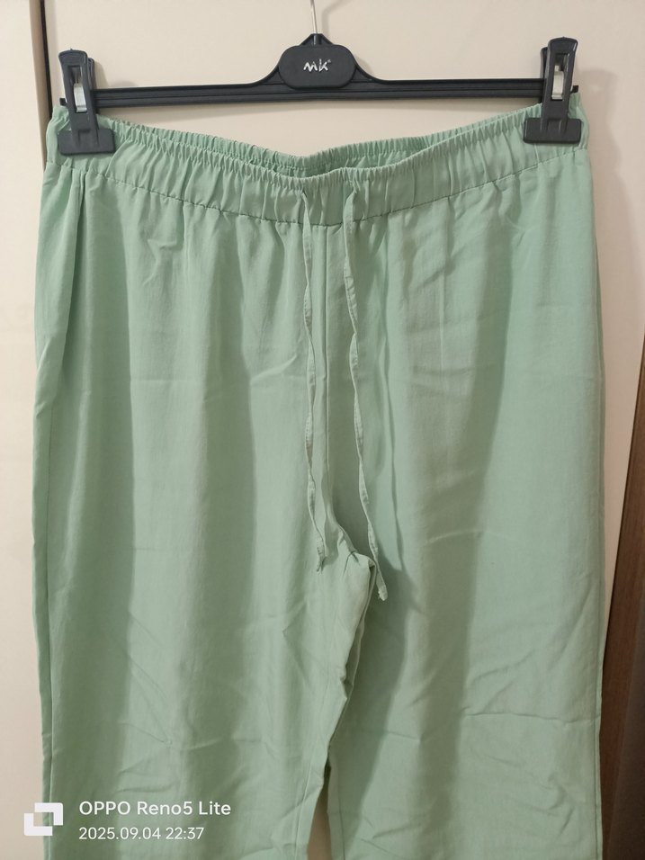 Yeşil Midi Keten Rahat Kesim Kadın Pantolon - Görsel 4