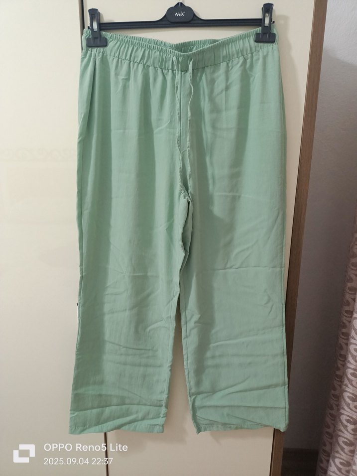 Yeşil Midi Keten Rahat Kesim Kadın Pantolon - Görsel 2