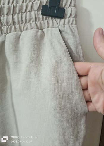 Kadın Bej Keten Bol Kesim Kemerli Pantolon - Görsel 5