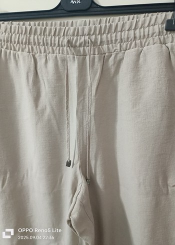 Kadın Bej Keten Bol Kesim Kemerli Pantolon - Görsel 4