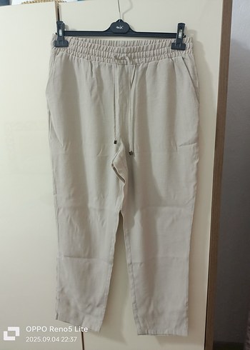 Kadın Bej Keten Bol Kesim Kemerli Pantolon - Görsel 6