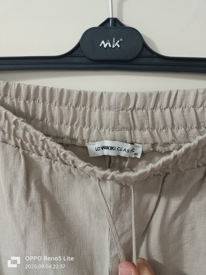 Kadın Bej Keten Bol Kesim Kemerli Pantolon - Görsel 3