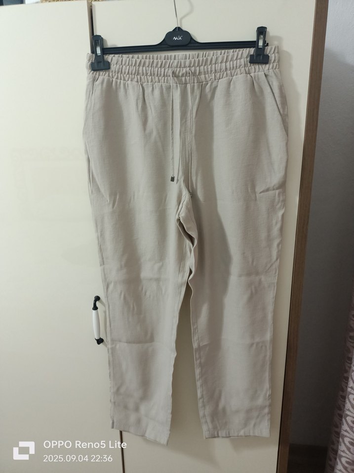 Kadın Bej Keten Bol Kesim Kemerli Pantolon - Görsel 2