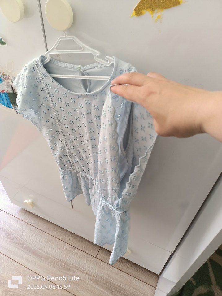 Buz mavisi Nakışlı Kısa Kollu Bohem Bluz - Görsel 4