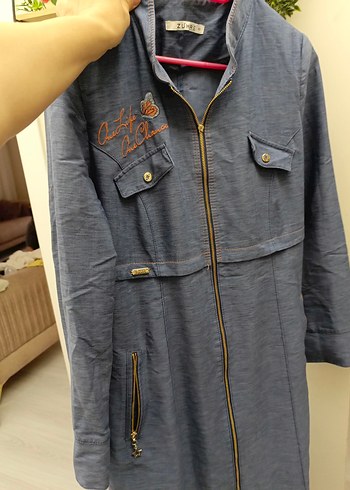 40 Beden Gri Kadın Uzun Denim Ceket Fermuarlı