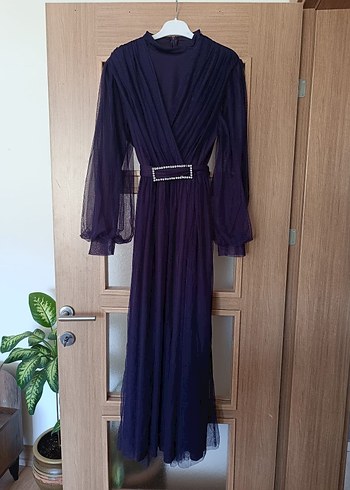 Diğer Mor Uzun Drapeli Strappy Abiye Elbise