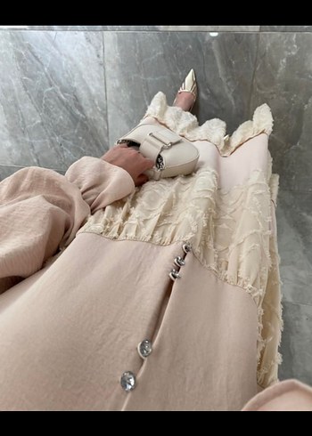 Bej Nakışlı Uzun Bohem Elbise - Görsel 2