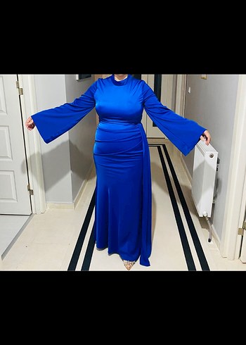 Uzun Lacivert saten Kadın Abiye Elbise - Görsel 2