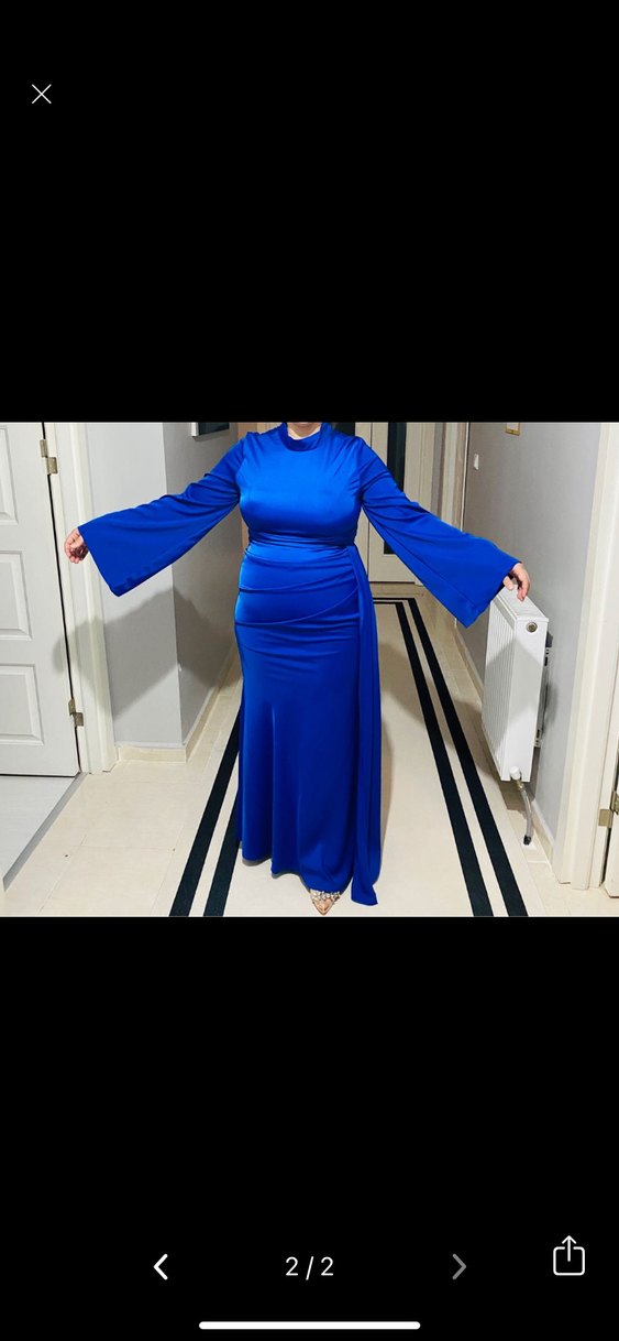 Uzun Lacivert saten Kadın Abiye Elbise - Görsel 2