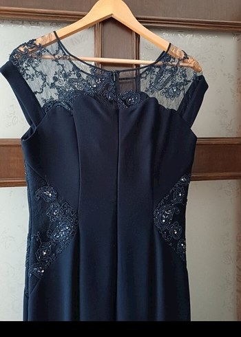 Lacivert Dantel Detaylı Uzun Abiye Elbise - Görsel 2