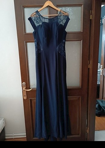 Lacivert Dantel Detaylı Uzun Abiye Elbise - Görsel 3