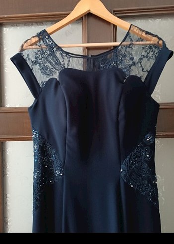 Lacivert Dantel Detaylı Uzun Abiye Elbise - Görsel 5