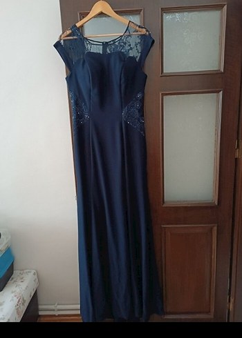 Lacivert Dantel Detaylı Uzun Abiye Elbise - Görsel 6