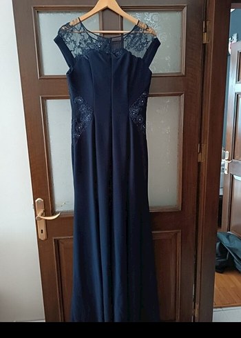 Lacivert Dantel Detaylı Uzun Abiye Elbise - Görsel 4
