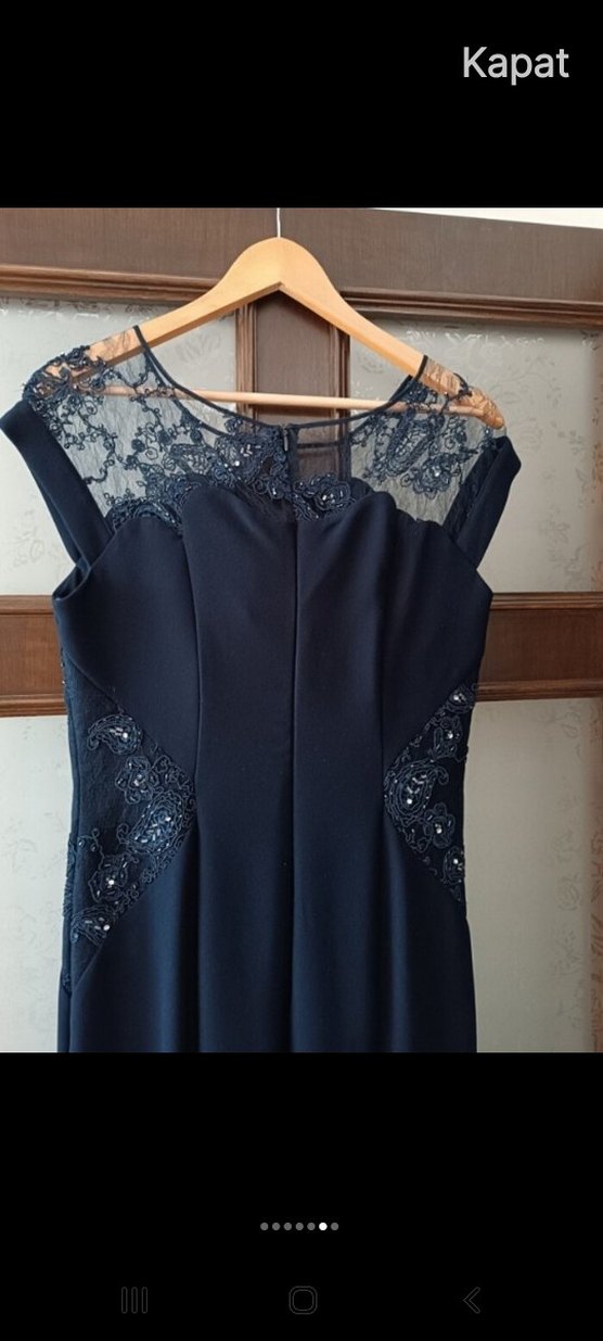 Lacivert Dantel Detaylı Uzun Abiye Elbise - Görsel 2