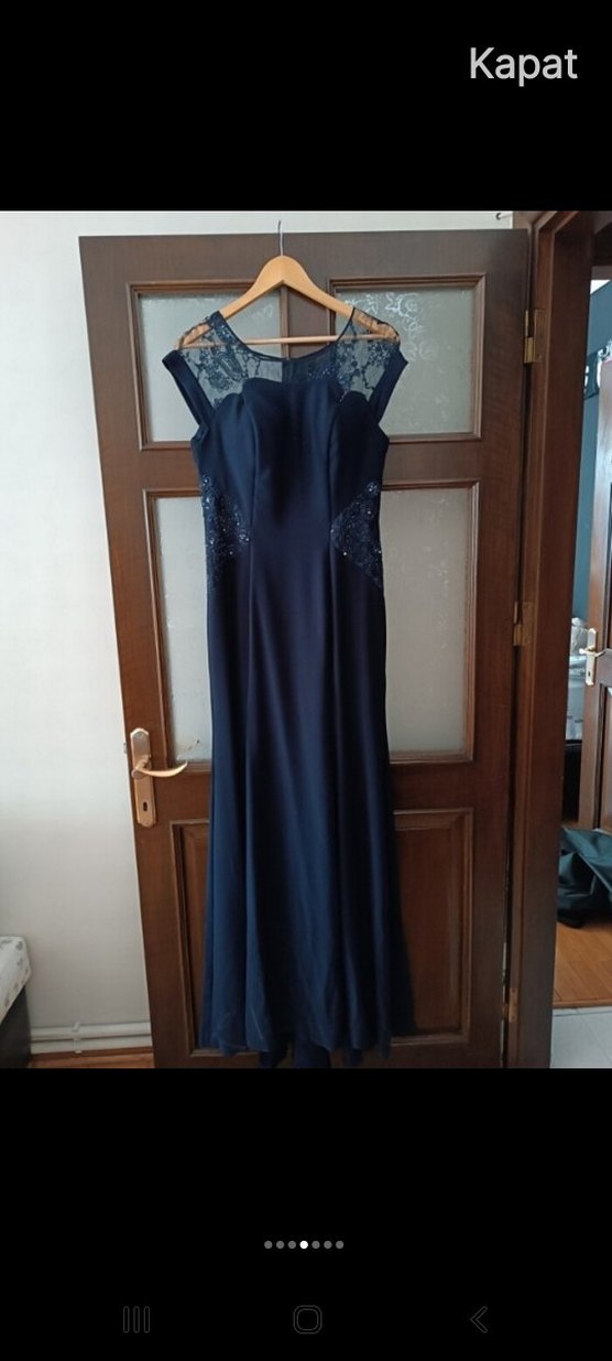 Lacivert Dantel Detaylı Uzun Abiye Elbise - Görsel 3