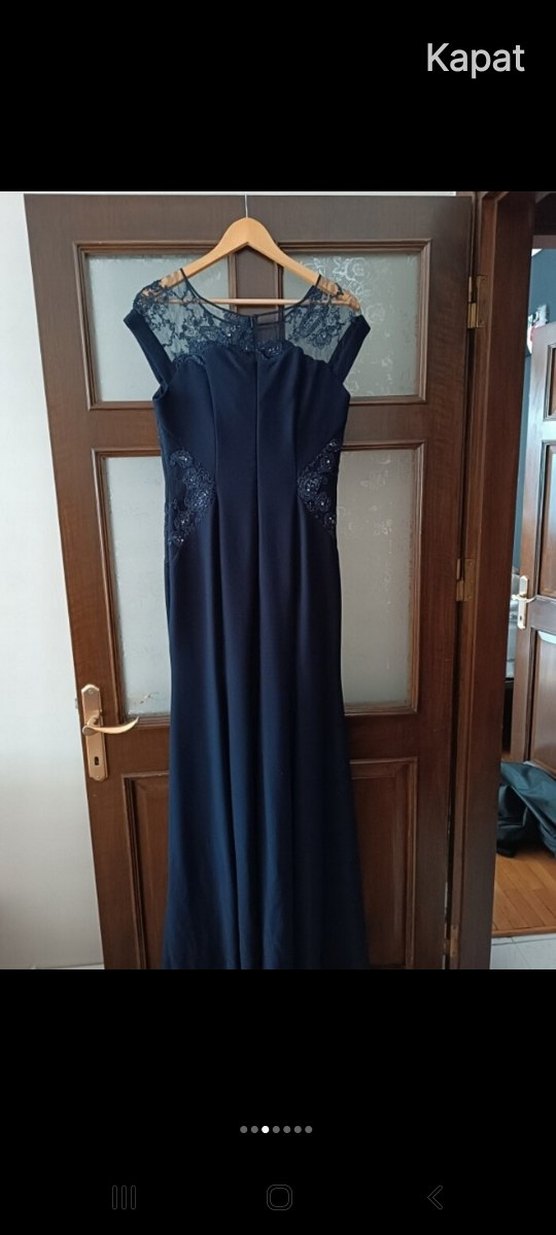 Lacivert Dantel Detaylı Uzun Abiye Elbise - Görsel 4