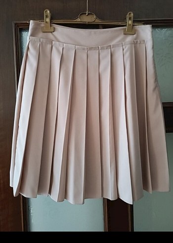 pudra renk Pilili Midi Kadın Etek - Görsel 4