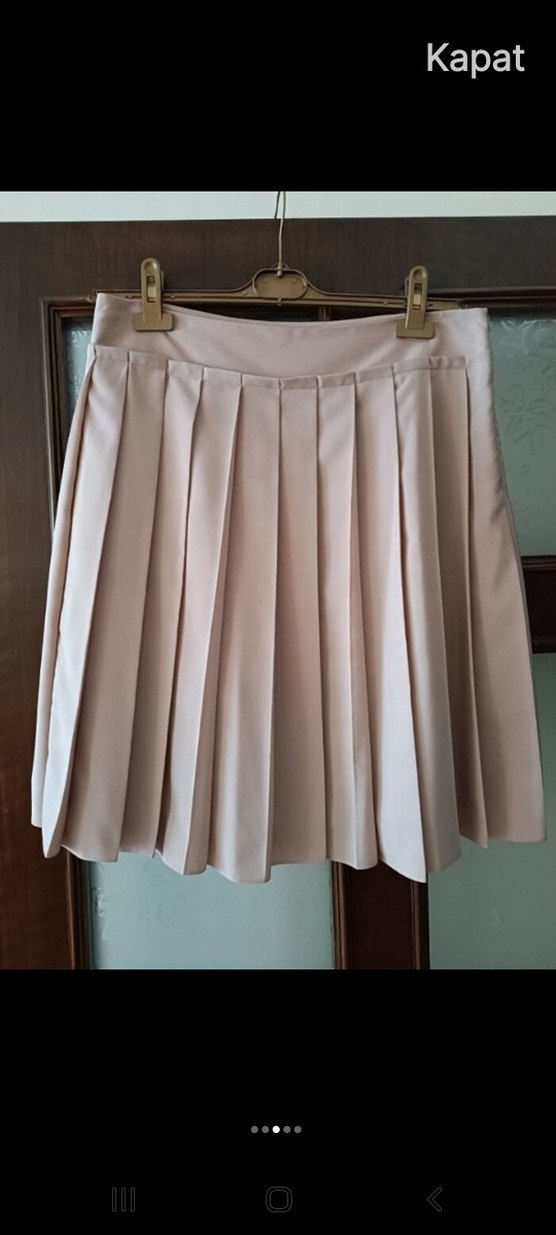 pudra renk Pilili Midi Kadın Etek - Görsel 4