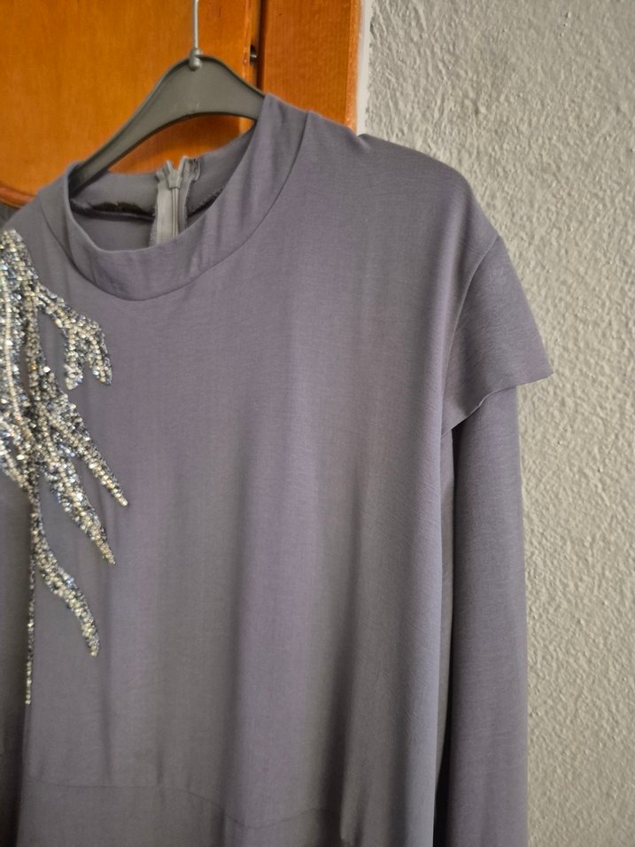 Uzun Gri Nakışlı Bohem Elbise - Görsel 3