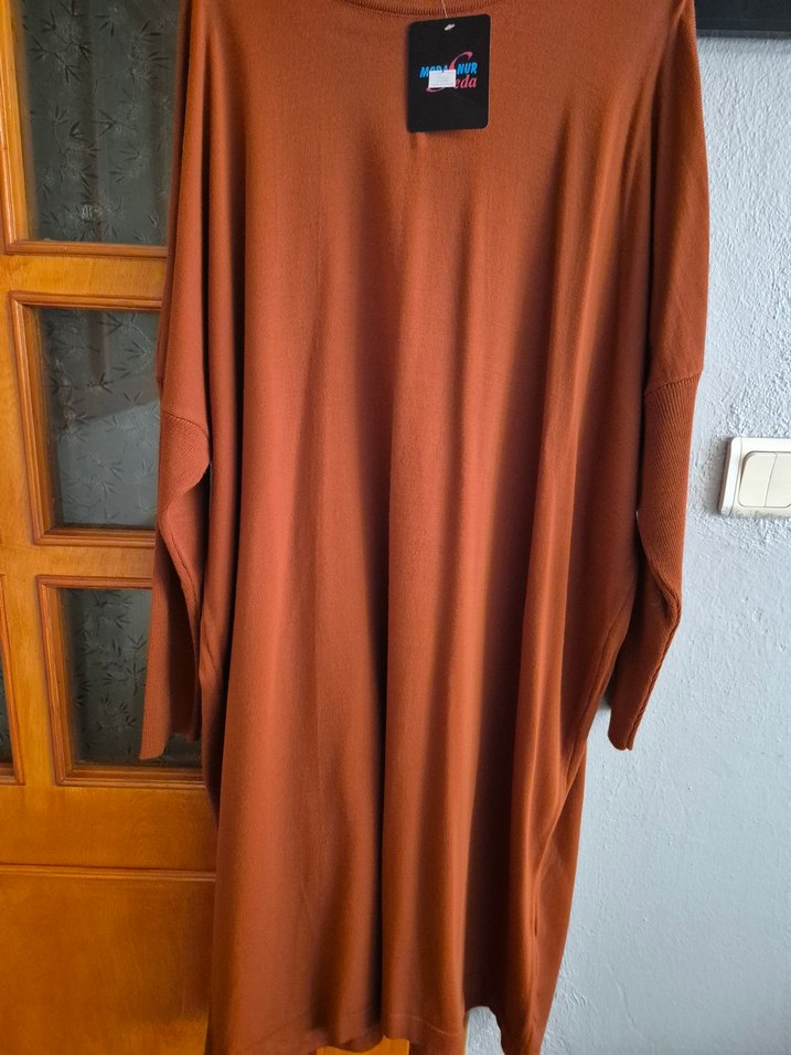 Kahverengi Uzun Kollu triko rahat tunik - Görsel 2