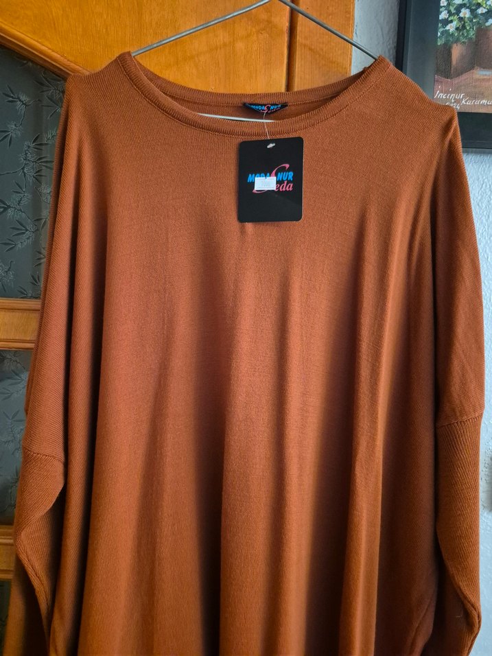 Kahverengi Uzun Kollu triko rahat tunik - Görsel 3