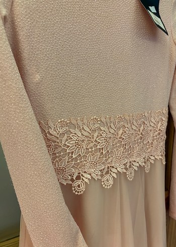 Pudra pembe Nakışlı Uzun Kollu Dantel Abiye Elbise