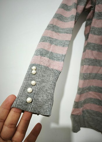 Düğmeli Çizgili Gri Kadın Triko - Görsel 2