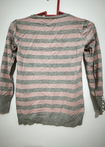 Düğmeli Çizgili Gri Kadın Triko - Görsel 3